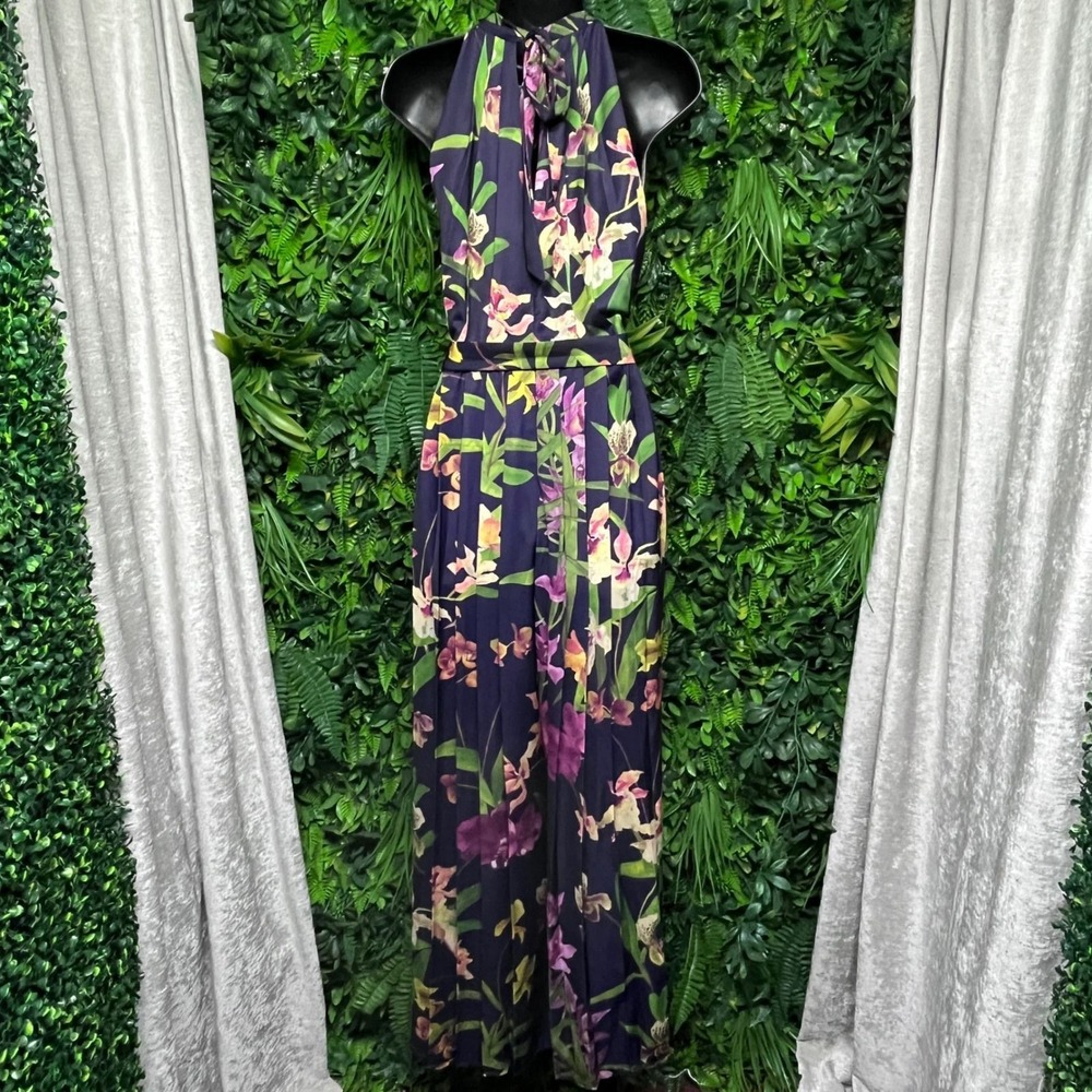 Karen Millen Atelier Pants Jumpsuit 8 Navy Purple Floral Halter Wide Leg 4055 - Picture 6 of 9
